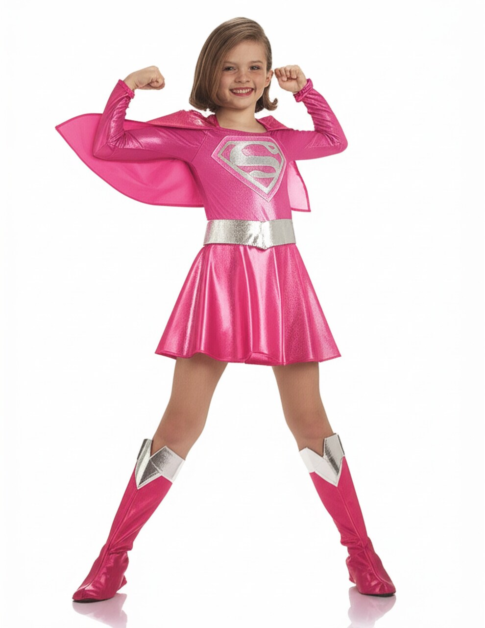 Girl's Supergirl Costume – Pink Dress with Attached Cape, Belt & Boot Tops